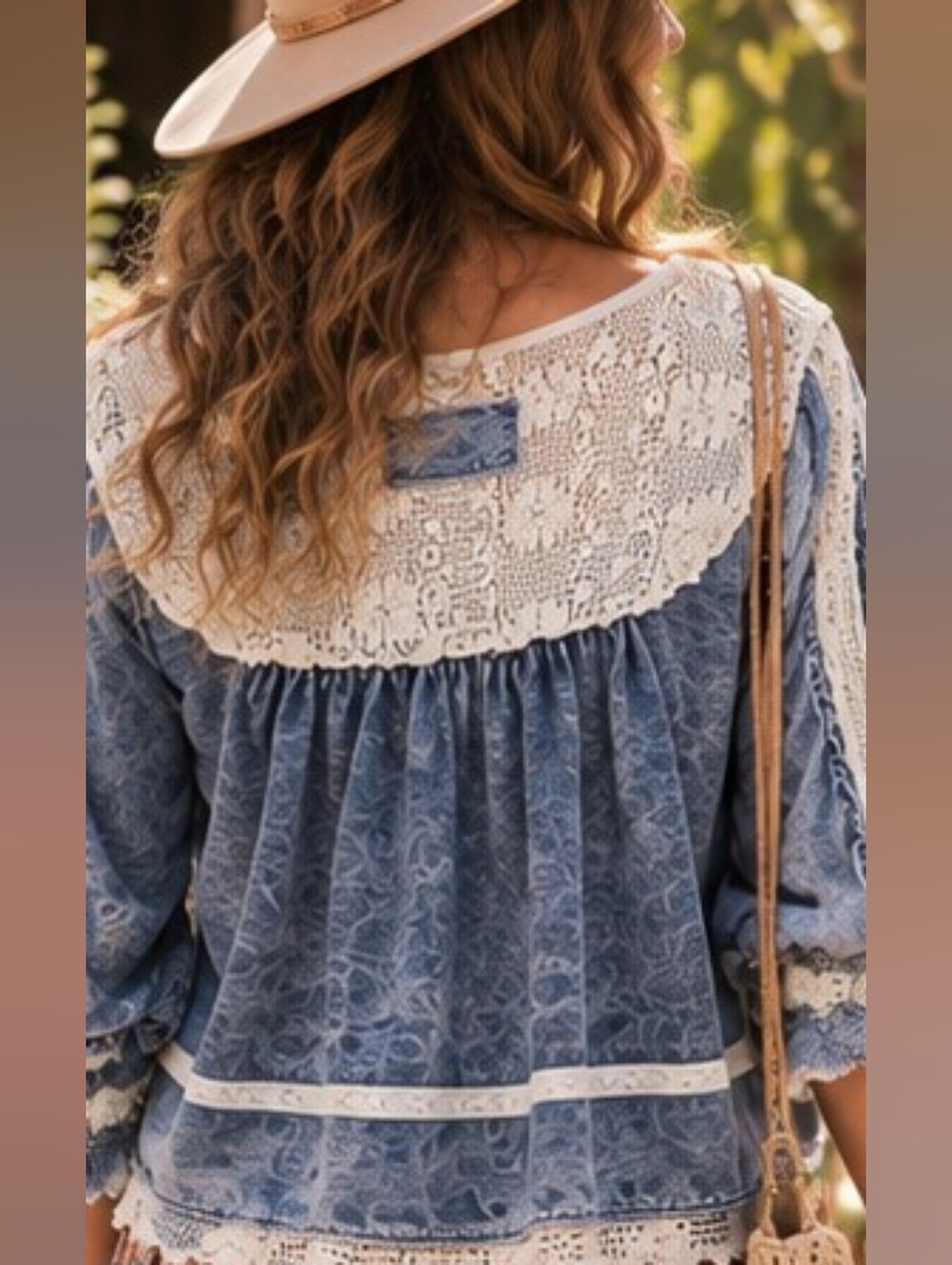 196 POL Blue Floral Lace-Trim Peasant Tunic - Picture 3 of 5